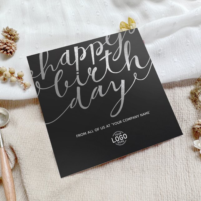 Carte Logo Black Faux Silver Foil Script Anniversaire (Créateur téléchargé)