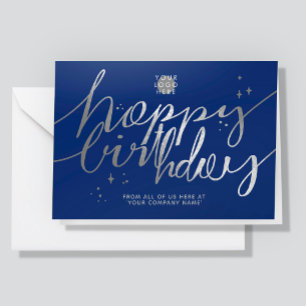 Carte Logo Faux Argent Écriture Main Script Bleu Marine 