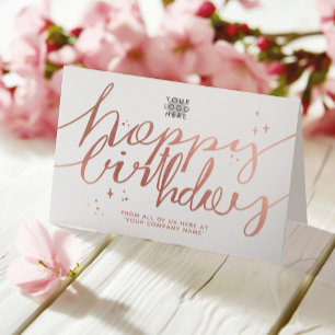 Carte Logo Faux Rose Gold Script Main blanche Anniversai