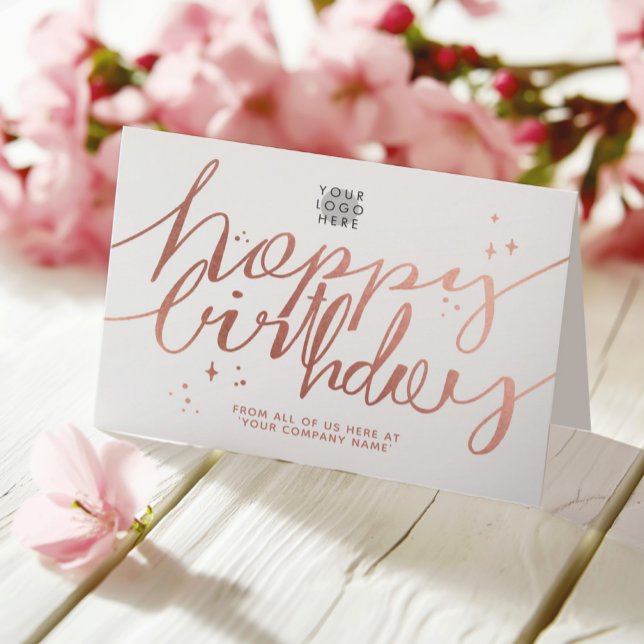 Carte Logo Faux Rose Gold Script Main blanche Anniversai (Créateur téléchargé)
