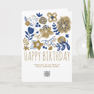 Carte Logo Personnalisé Marine Blue Gold Flowers Joyeux 