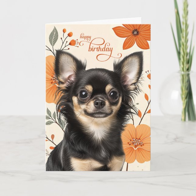 Carte Long Haired Chihuaua Dog Bold Retro Birthday (Devant)
