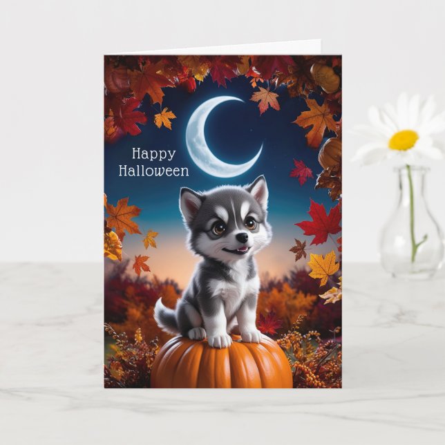 Carte Loup adorable avec Crescent Moon Halloween Art (Petite plante)