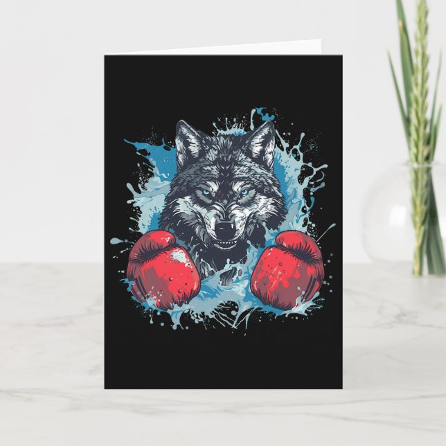 Carte Loup boxeur avec gants de boxe Kickboxing Boxe drô (Devant)