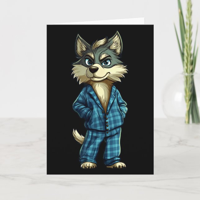 Carte Loup drôle rêveur en tenue de pyjama pour garçons  (Devant)