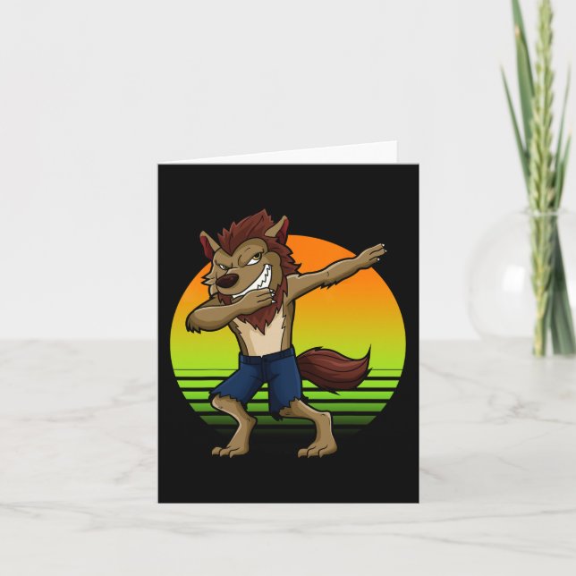 Carte Loup-garou Dabbing Retro Coucher de soleil Hallowe (Devant)
