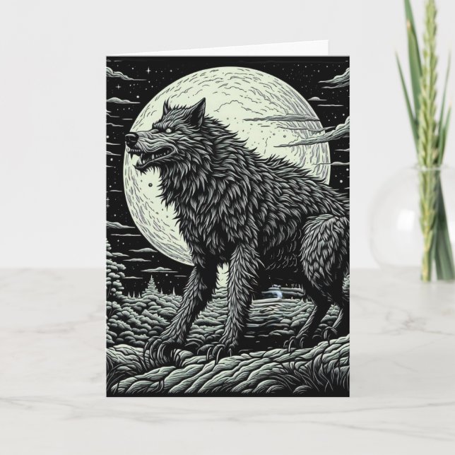 Carte Loup-garou vintage devant la Pleine lune (Devant)