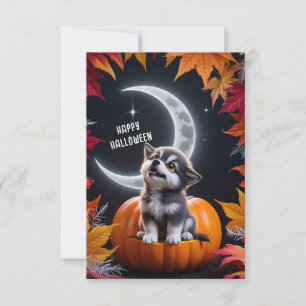 Carte Loup mignon avec Crescent Moon nuit automne