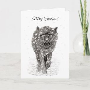 Carte Loup noir en colère dans la neige, hiver sauvage