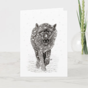 Carte Loup noir en colère dans la neige, hiver sauvage