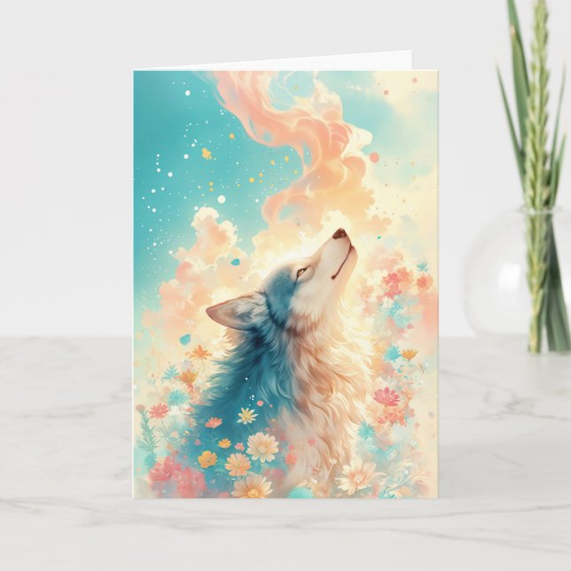 Carte Loup rêveur entouré de fleurs (Devant)