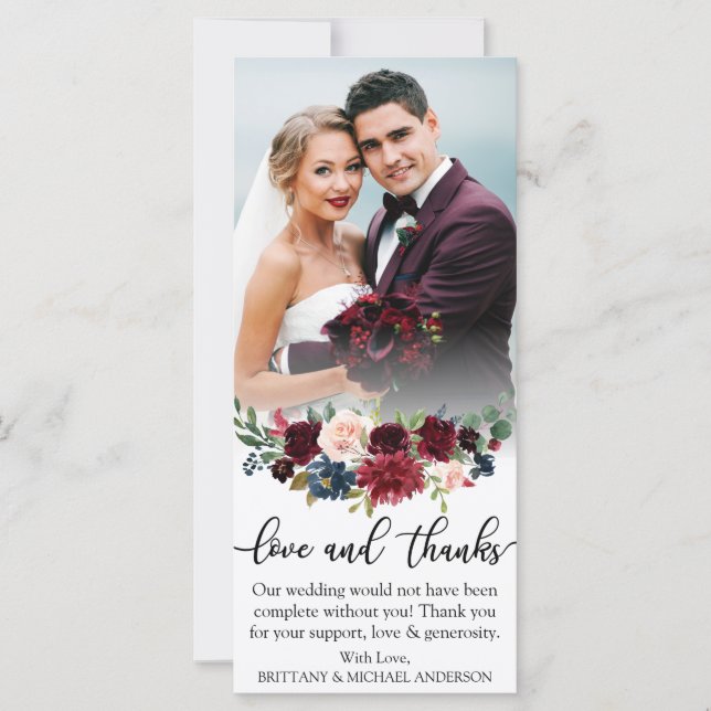 Carte Love and Thanks Burgundy Blue Floral Mariage Card (Devant)