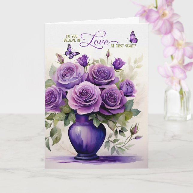 Carte Love at First Sight Vase of Purple Roses Romantic (Orchidée)