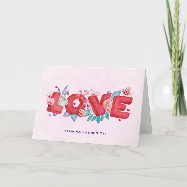 Carte Love Text Bold Block Police avec Fleurs Valentine' (Devant)