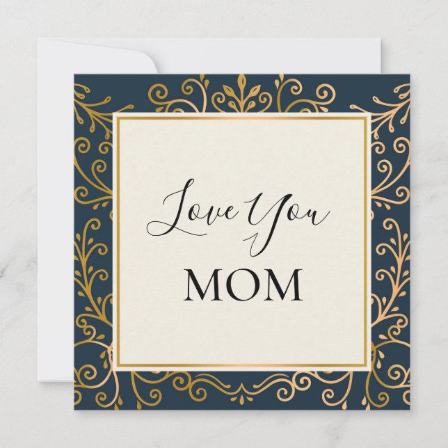 Carte Love You Mom Elegant Navy et Gold Scrolls (Devant)