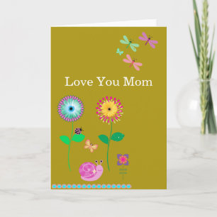 Carte Love You Mom Yellow Floral Dragonflies Card