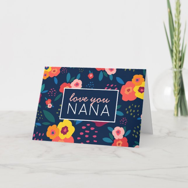 Carte Love You Nana Motif Floral en Bleu pour la Fête de (Devant)