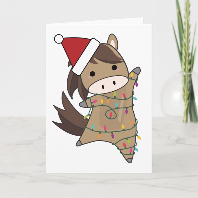 Carte Lumières de fée de Noël de cheval Animaux mignons  (Devant)