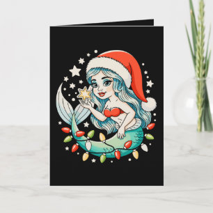 Carte Lumières de Noël Sirène Chapeau de Père Noël Fille