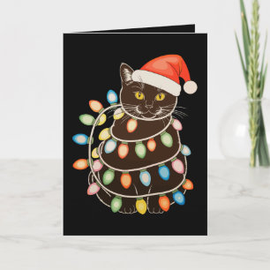 Carte Lumières de sapin de Noël chat noir chapeau de Pèr