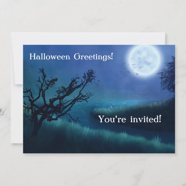 Carte Lune d'Halloween à la nuit dans les tons bleu et v (Devant)