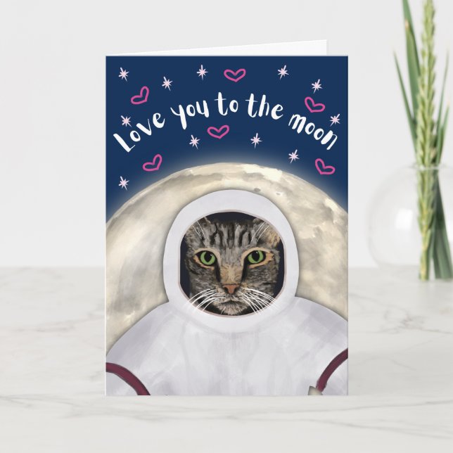 Carte Lune et dos drôle chat Saint Valentin (Devant)