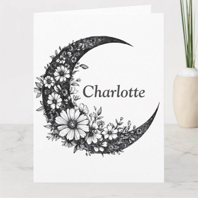 Carte Lune et fleurs Art avec nom personnalisable (Devant)