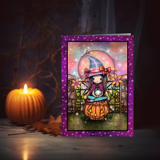 Carte Lune Rouge Sorcière Mignonne et Chat Halloween Art (Créateur téléchargé)