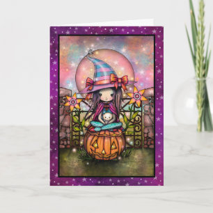 Carte Lune Rougeoyante Mignonne Sorcière et Chat Art