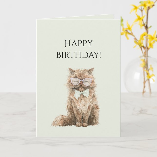 Carte Lunettes de chat cool marron menthe Anniversaire (Fleur jaune)