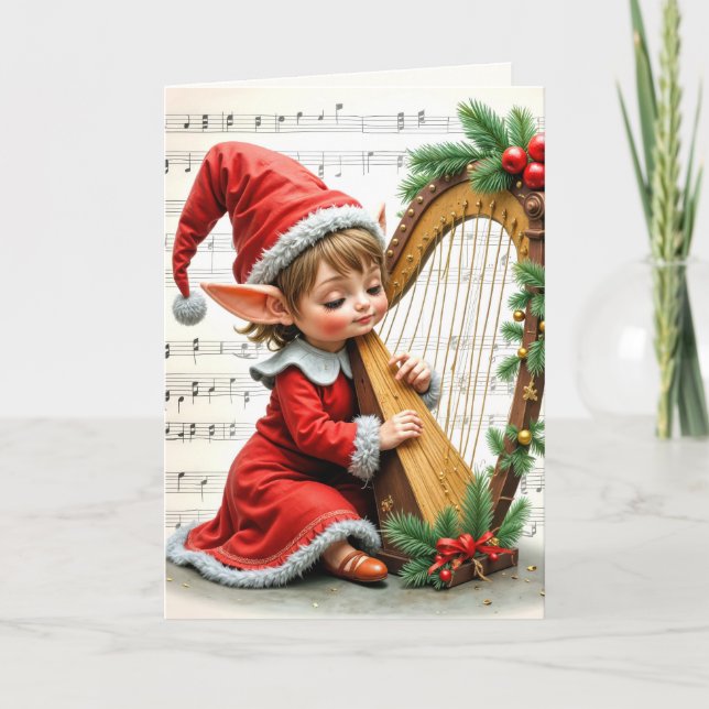Carte Lutin de Noël jouant de la harpe (Devant)