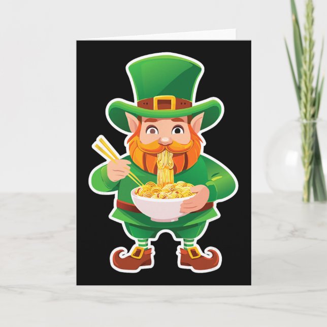 Carte Lutin drôle mangeant des nouilles Ramen St Patrick (Devant)
