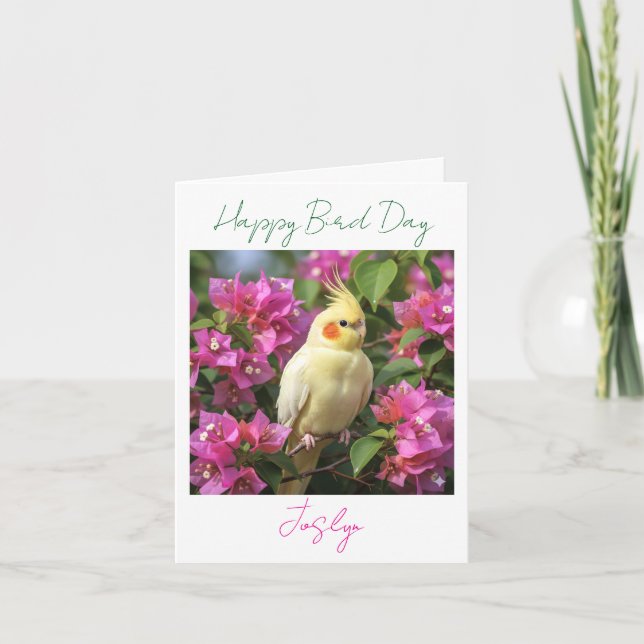Carte Lutino Cockatiel in Purple Flowers Custom Birthday (Devant)