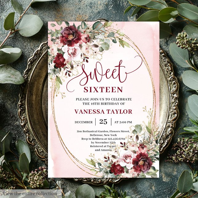 Carte Luxueuse Burgundy Blush Florale pour un Swee (Luxurious Burgundy Blush Floral Sweet Sixteen Invite

)