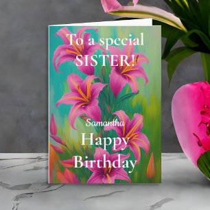 Carte Lys roses brillants et gras Bonne Soeur d'annivers