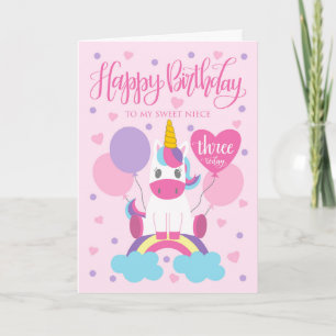 Carte Ma nièce 3ème anniversaire Licorne Assise Sur Arc-