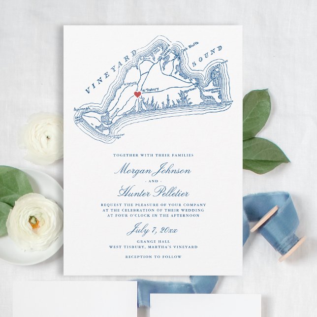 Carte MA West Tisbury Carte Élégant Mariage bleu m (West Tisbury Map Wedding Invitation for an elegant Navy Blue Martha's Vineyard Wedding)