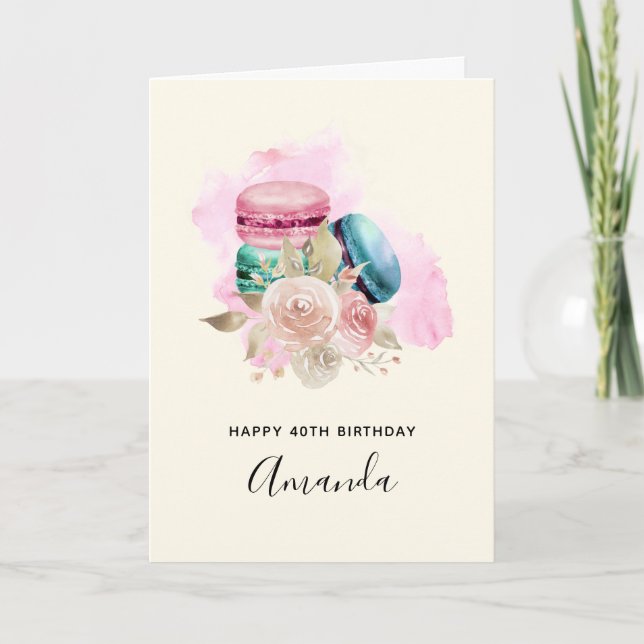Carte Macarons colorés et fleurs Aquarelle Anniversaire (Devant)