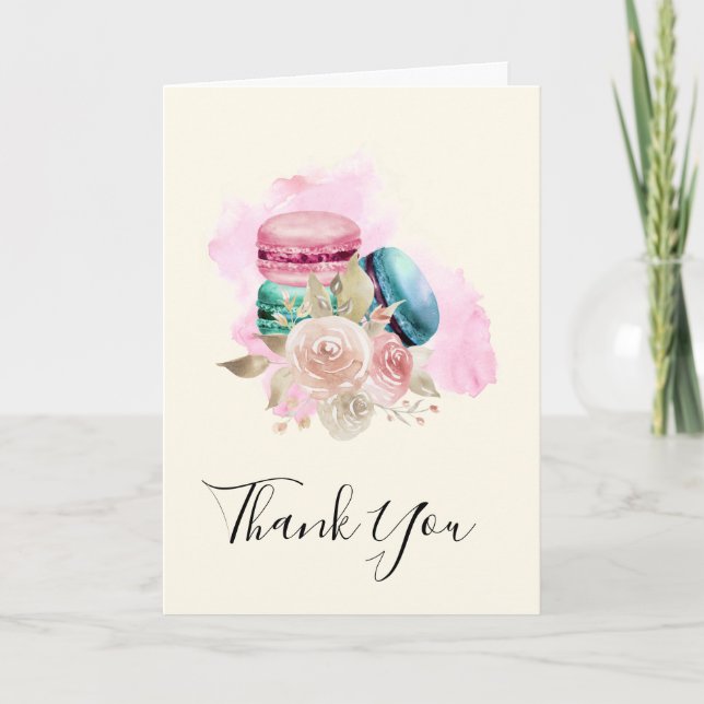 Carte Macarons et fleurs colorés Merci d'aquarelle (Devant)