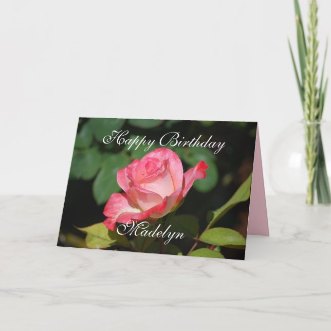 Carte Madelyn Joyeux Anniversaire Rose et Rose blanche (Devant)