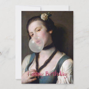 Carte Mademoiselle Sassy faisant des bulles de chewing-g