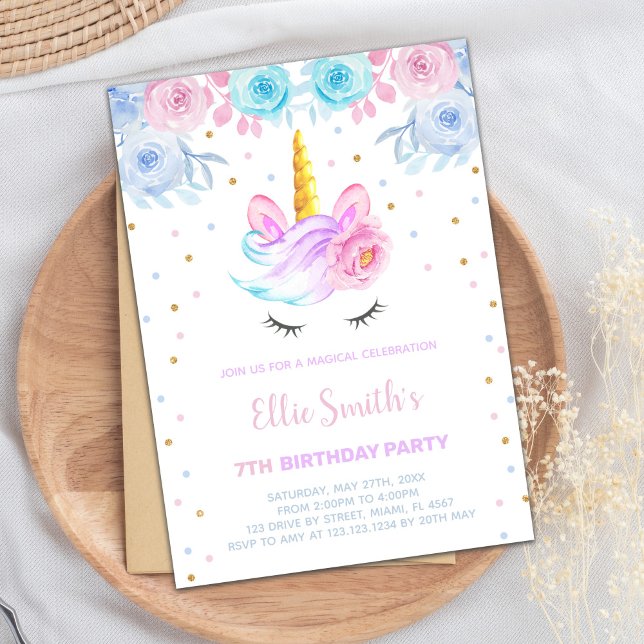Carte Magical Girl Party (Pink Purple Green Floral Unicorn Invitations)