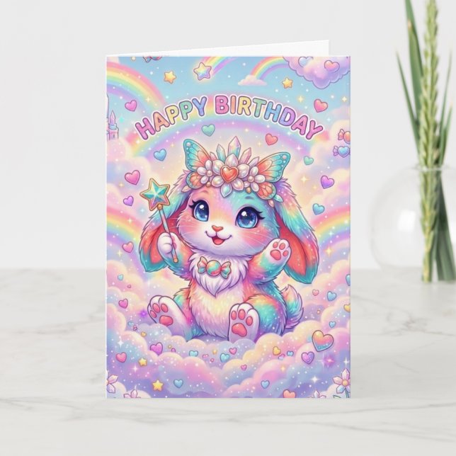 Carte Magical Rainbow Bunny Birthday Whimsical Childrens (Devant)