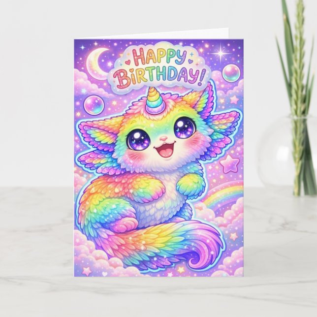 Carte Magical Rainbow Unicorn Cat Happy Birthday Kitty (Devant)