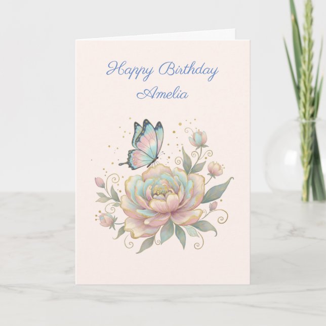Carte Magical Rose and Butterfly Pastel Colors Birthday (Devant)