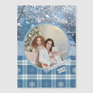 Carte Magique de Noël Plaid Hiver Bleu Cosy