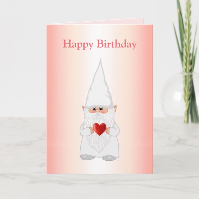 Carte Magique Gnome d'anniversaire avec coeur sur rose (Devant)