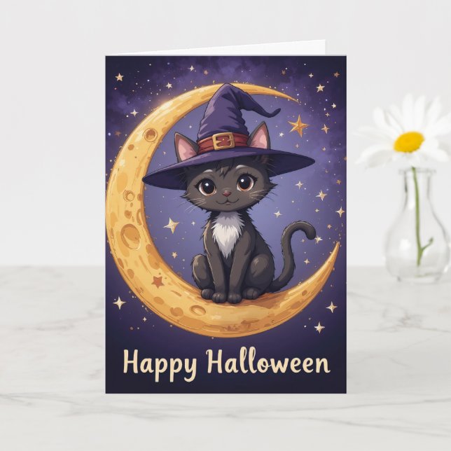 Carte Magique Halloween Chat noir sorcière Casquette et  (Petite plante)