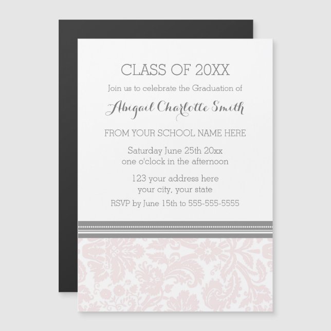 Carte magnétique Blush Grey Damask Graduation Part (Devant / Derrière)