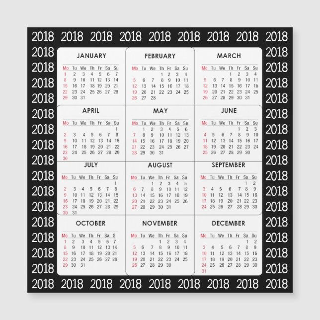 Carte magnétique carrée de calendrier du noir 2018 (Devant)